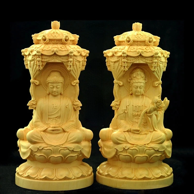 

High Quality Solid Wood Western Three Holy Buddha Sculpture Guanyin Bodhisattva Hand-carved Home Feng Shui Decor