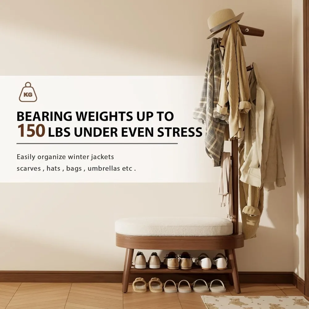 shoe bench entryway, coat rack with storage, coat rack and shoe rack, wooden narrow bench（walnut）