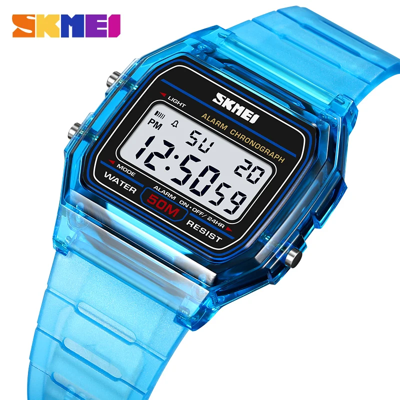 SKMEI Fashion Transparent TPU Strap Ladies Wristwatch Shockproof Back Light Display Stopwatch Digital Watches Women reloj mujer