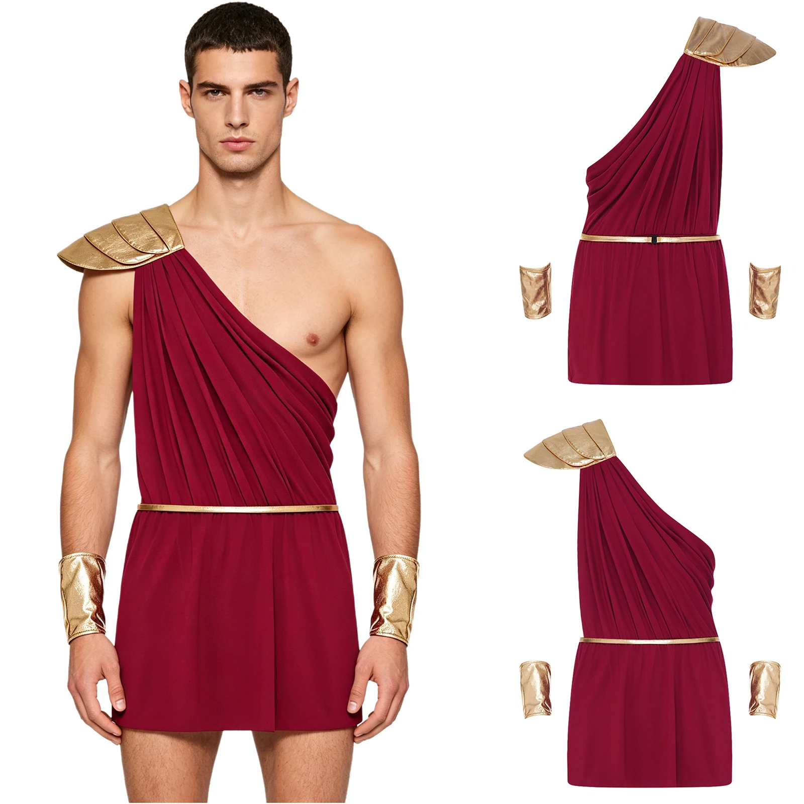 Costume grec bordeaux avec épaulette et accessoires dorés