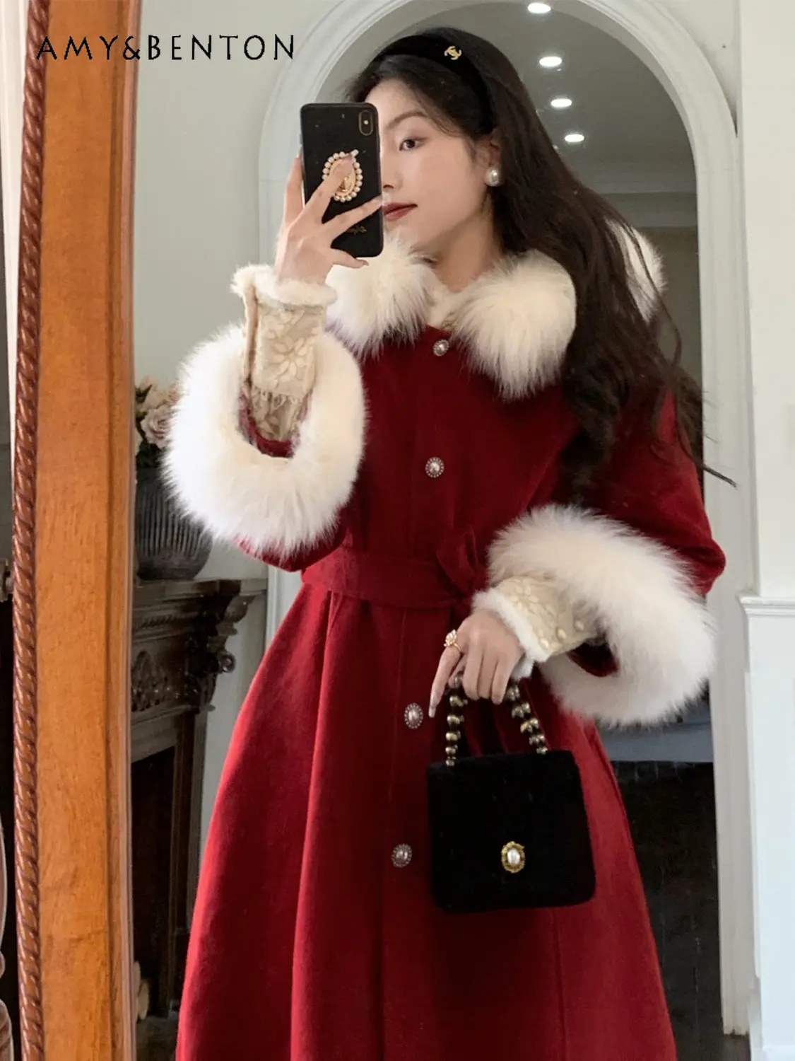 

Hepburn Style Red Woolen Coat Women's Autumn Winter Extra Thick Band Fur Collar Tight Waist Mid-Length High-Grade Coat