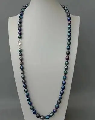natural Freshwater Cultured Black Rice Pearl Long Necklace 32inch 925 Silver Clasp