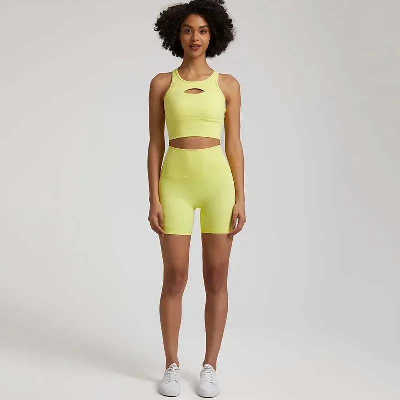 Lemon Soft Women Sport Suit High Waist Shorts Cross Fitness Bra 2pc Short Legging Yoga Set Gym Workout Training Hollow Out