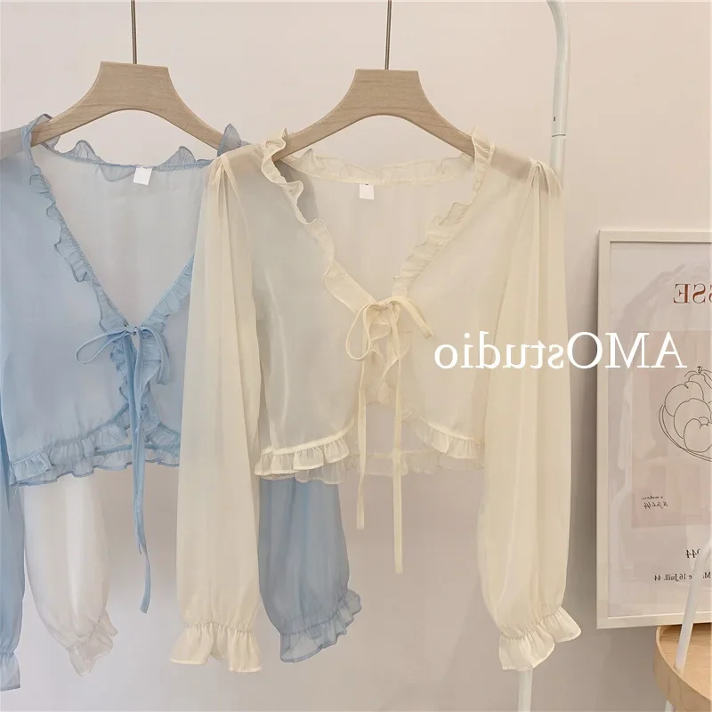 여성용 울트라 페어리 가디건, 얇은 자외선 차단 셔츠, 프렌치 스타일 용수철, 가을 소매, 우드 이어 엣지 숄더 재킷, 여름