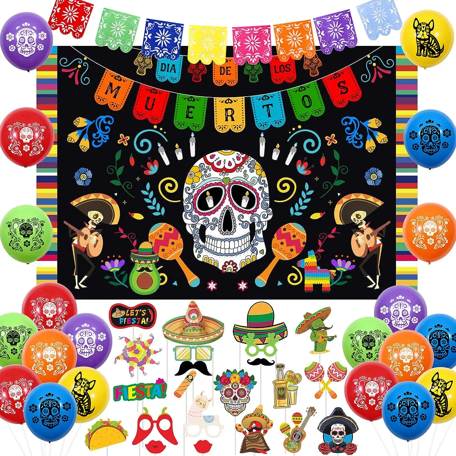 

Day of The Dead Decorations Sugar Skull Backdrop Balloons Photo Booth Props Mexican Fiesta Banner Dia De Los Muertos Supplies