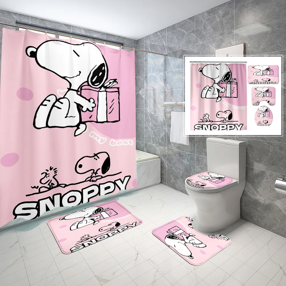 thumbnail image 1 of 1/4 piezas 70*70 pulgadas 1/4 piezas Juego de cortina de ducha impermeable con dibujos animados de Snoopy lindo con alfombras antideslizantes, tapa de inodoro, alfombrilla de baño, 12 ganchos, 1 of 5