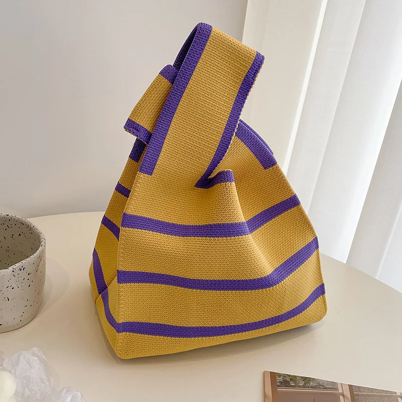 

New Wide Striped Handmade Knitted Handbag Minimalist Korean Women Mini Knot Wristlet Bag Clutches Student Reusable Shopping Bags