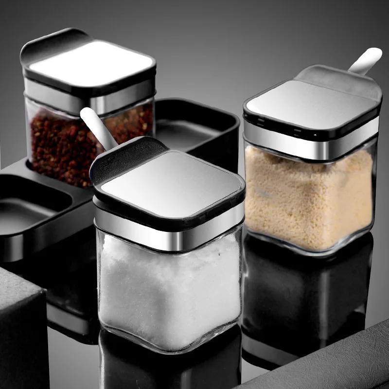 Seasoning Box Salt Jar Combination Set Kitchen Household Seasoning Storage Bottle Glass Gourmet Powder Chili Sucrier