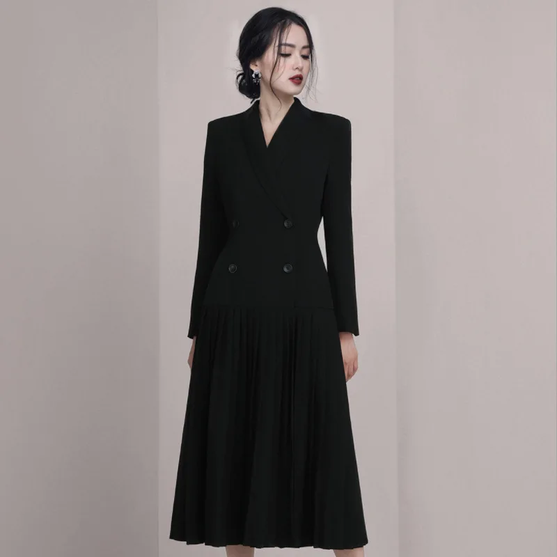 

2023 Autumn And Winter Women OL Lapel Midi Slim Temperament Suit Pleated Dress