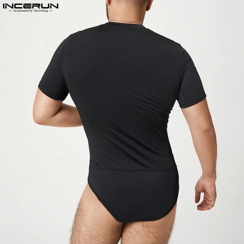 INCERUN Men Bodysuits Solid Color V Neck Short Sleeve Sexy Zipper Underwear Rompers Fitness Cozy Casual Bodysuit S-5XL