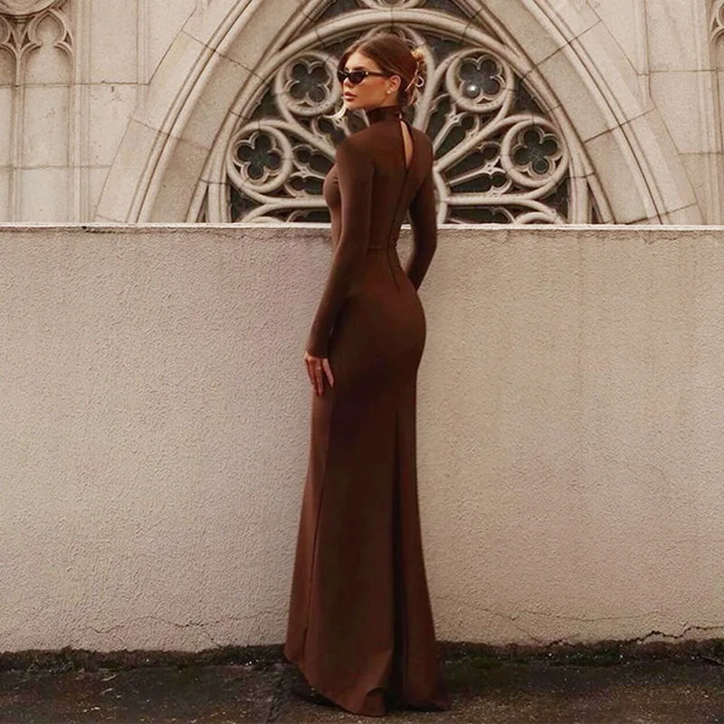 Skinny Turtleneck Backless Maxi Dress Women's Patchwork High Waist Solid Fashion Hollow Out Party Dress Female Long Dress