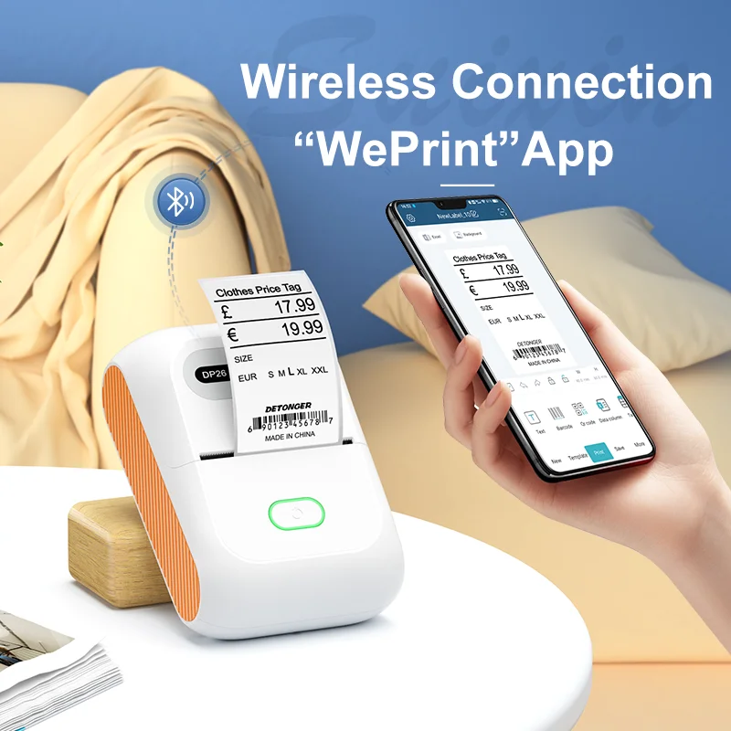 DETONGER DP26 열전사 라벨 프린터 및 3 롤 접착 용지, 휴대용 무선 BT 사무실 비즈니스 라벨 메이커