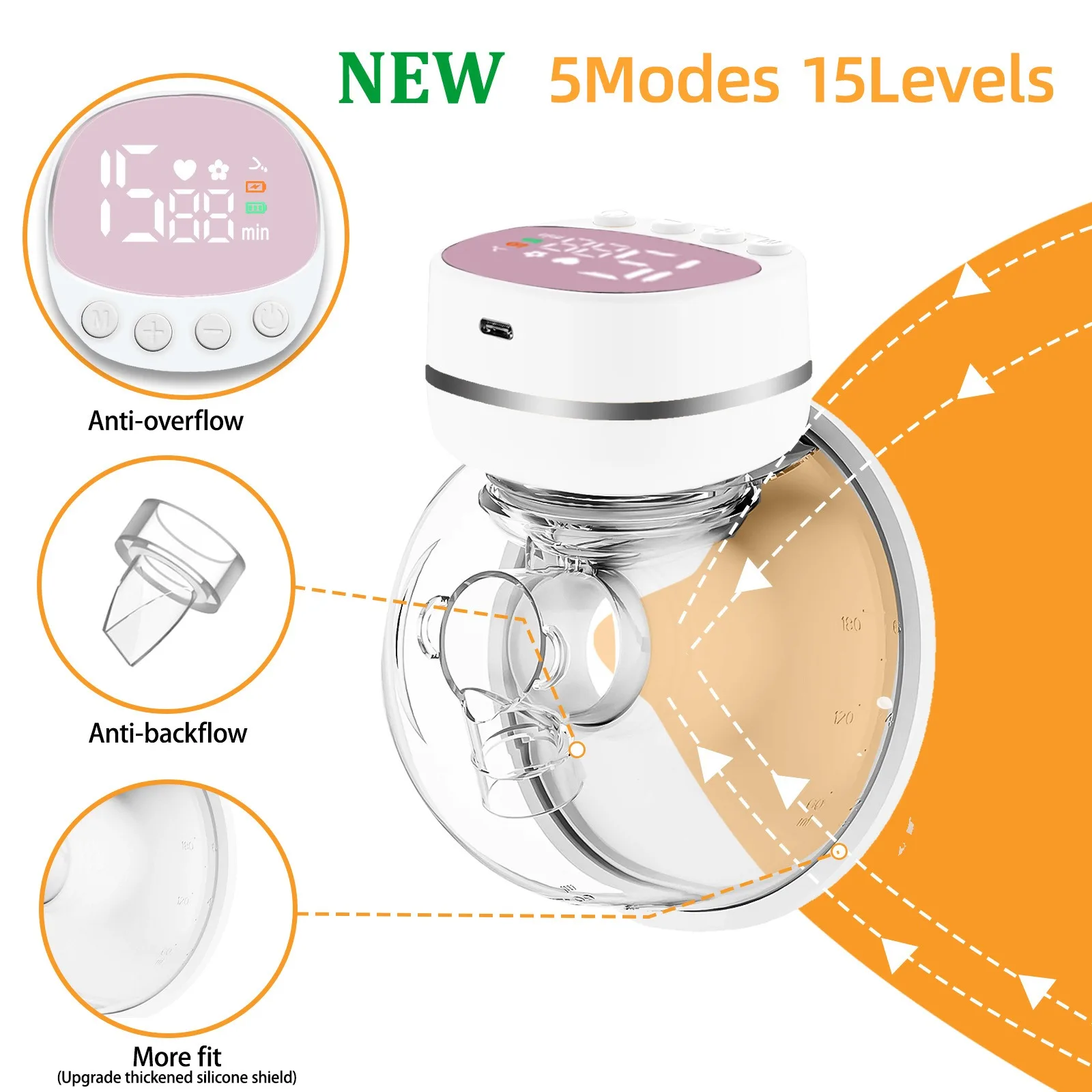 Silent Electric Breast Pump Handsfree BPAFree Milk Extractor Breastfeeding Milk Collector 5 modes with 15 gears