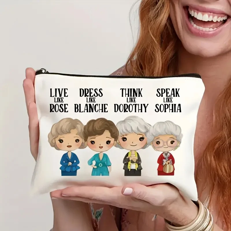 Multi Functional Cosmetic Bag, White Printed Pattern Canvas Bags for Women Storing, Toiletries, Makeup, Travel, Essential Items