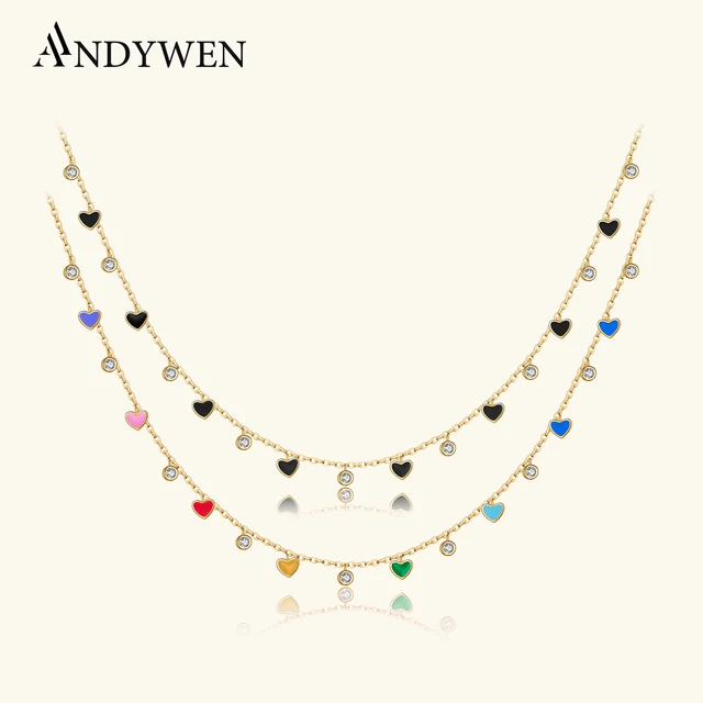 ANDYWEN 925 argent Sterling or bohême CZ arc-en-ciel coeur breloque collier ras du cou 2023 printemps noël bijoux pour les femmes fête 1