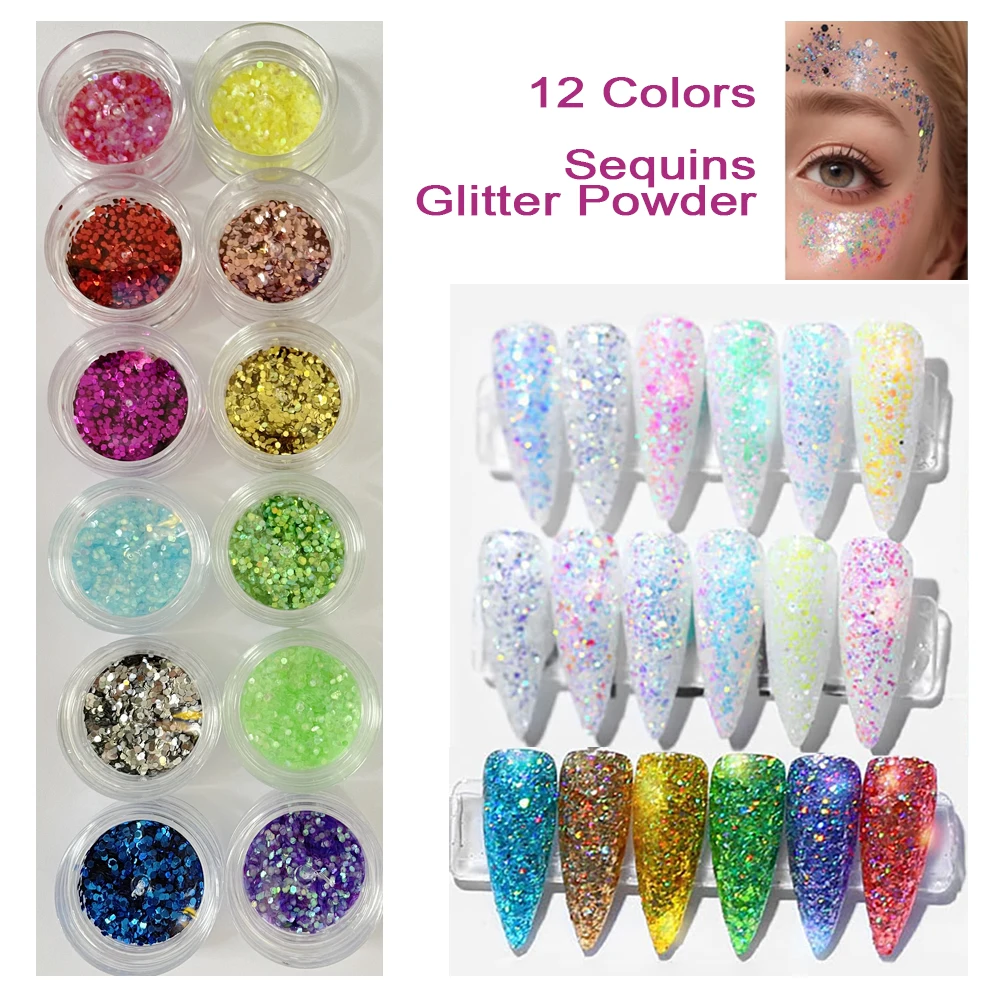 12 Colors Holographic Sequins Glitter Powder for Nails Nail Art Kits 3D Glitter Metallic Shining Flakes Acrylic Powder Decor