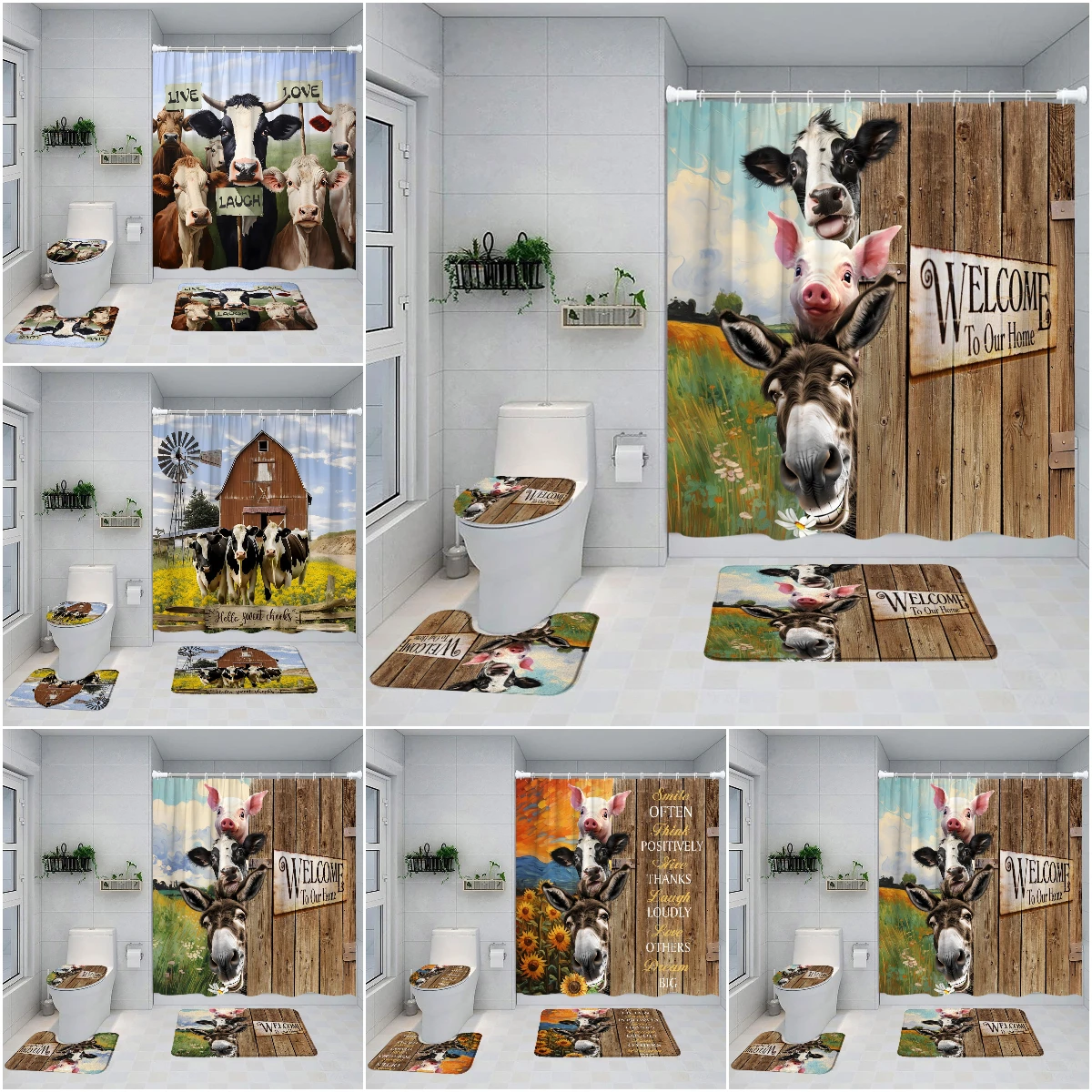 

Farm Animal Shower Curtain Oil Painting Farmhouse Barn Door Donkey Cow Pig Sunflower Spring Non Slip Bath Mat Bathroom Decor Set