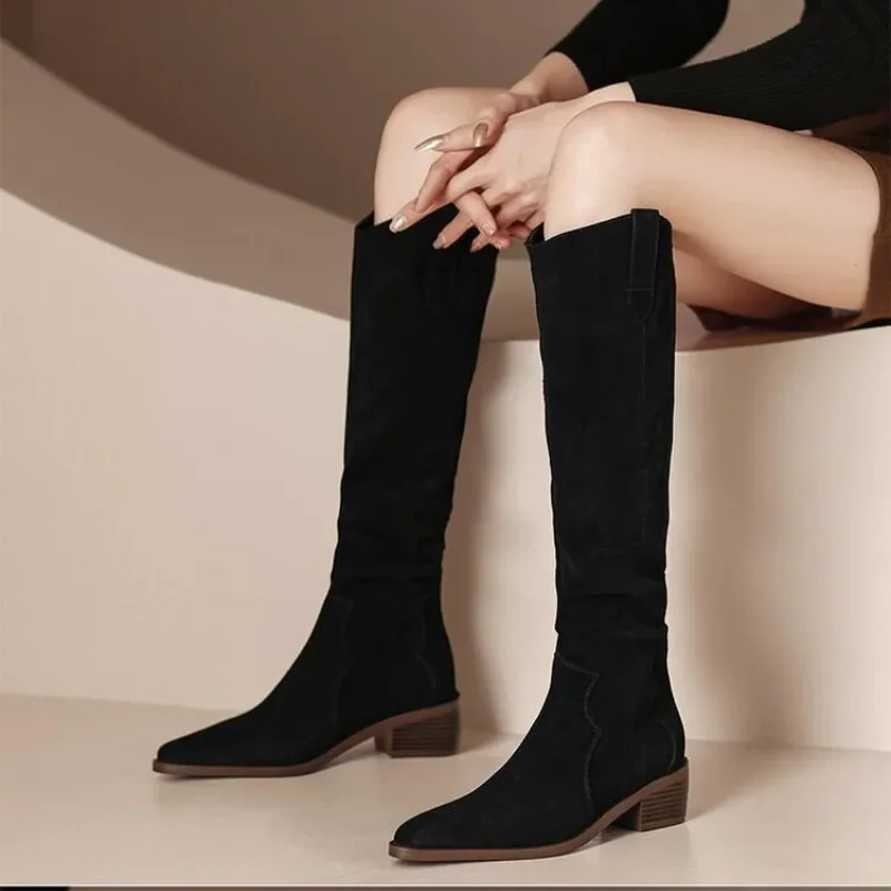 

Shoes for Women 2023 New Slip-on Women's Boots Fashion Knee-High Boots Women Sewing Pleated Pointed Toe Square Heel Shoes Ladies