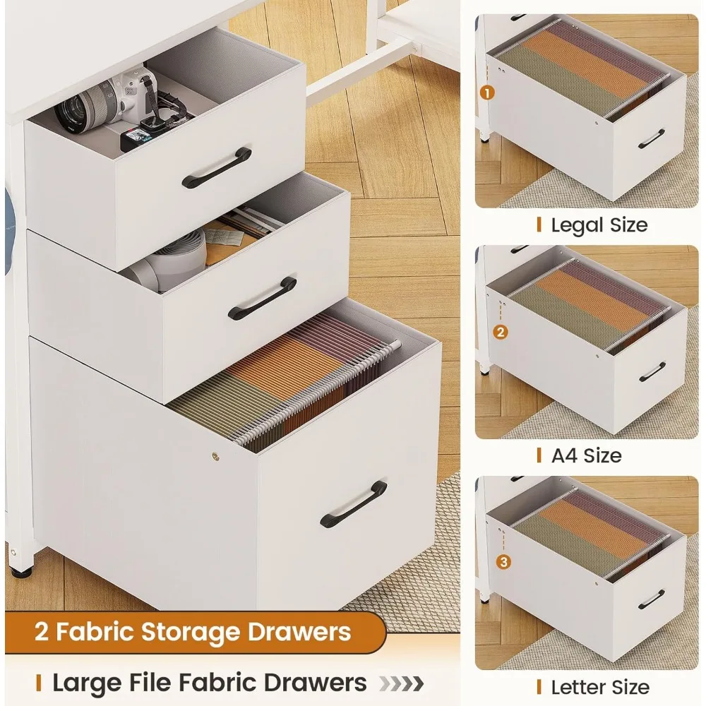 Shaped Computer Desk, 58'' Office Desk with 3 Drawers and Bookshelf, L Shaped Corner Desk with Storage Shelves and LED 3