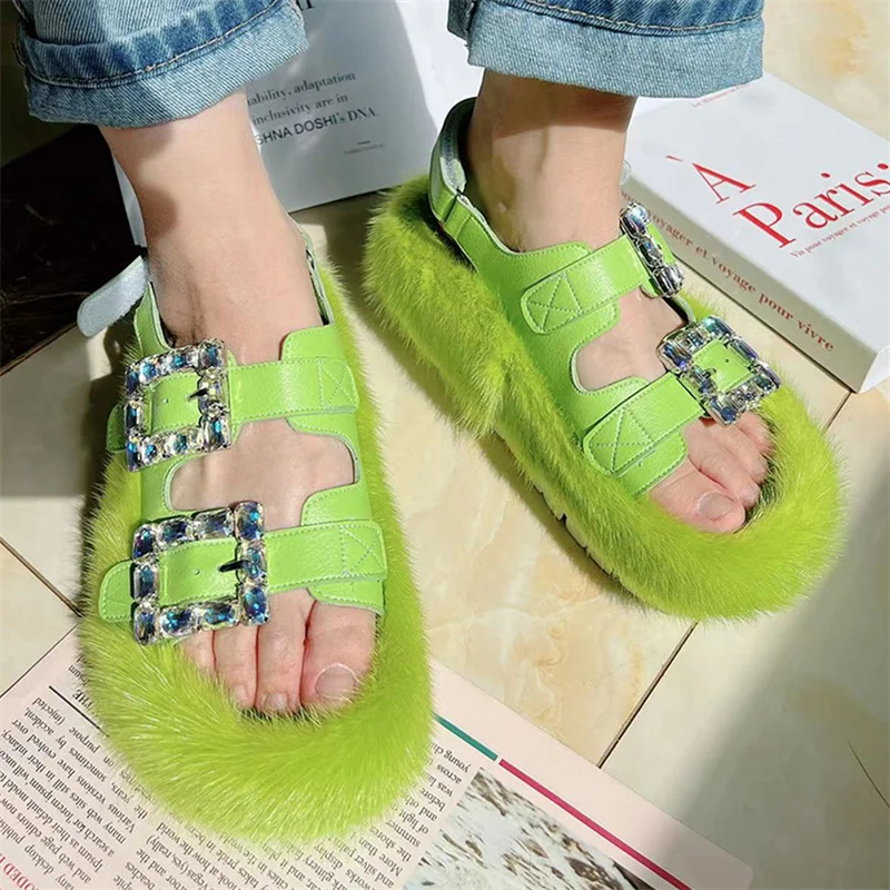 High Quality Furry Fur Sandals Winter Women's Casual Warmth Mink Fur Slippers Lace Up Rhinestone Home Sandals