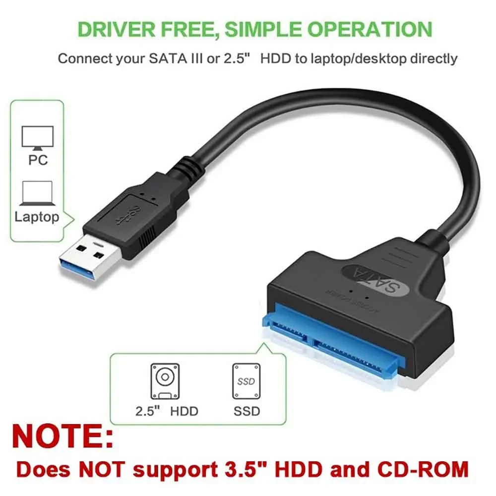 USB 3.0 To SATA Adapter Cable For 2.5" SATA III HDD SSD Hard Disk Drive 5Gbps High Speed External Converter For Desktop Laptop