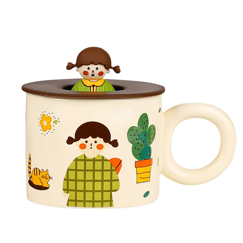 

Cute Mug Coffee Mug Ceramic Mug Home Breakfast Cartoon Water Cup with Lid