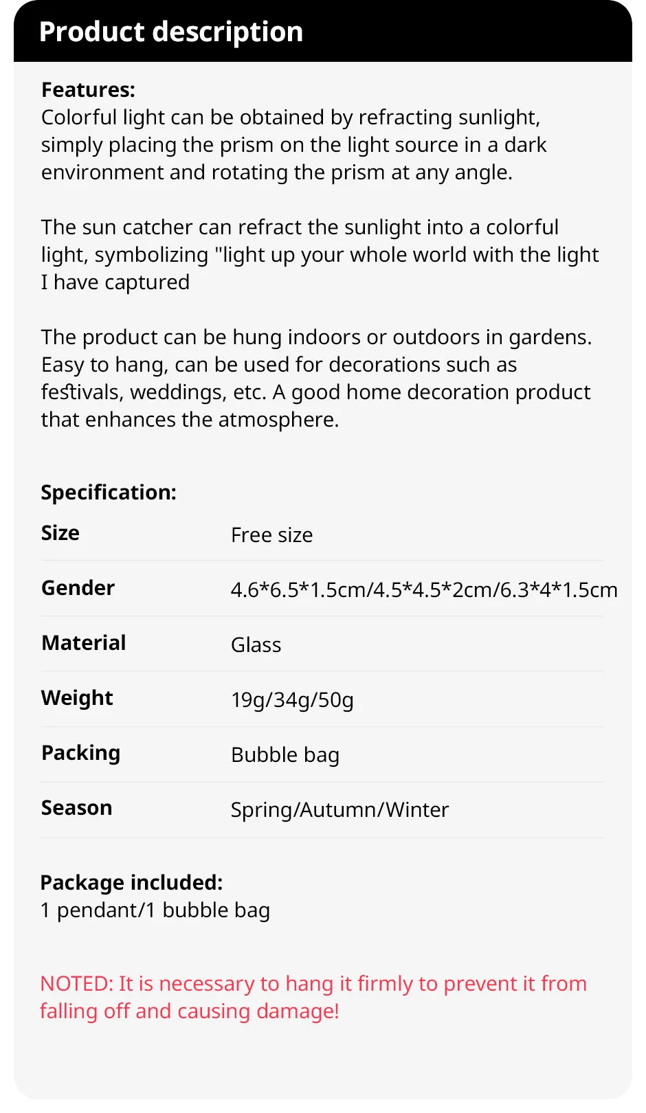 Description Picture 2 of item1 Pc With Rope Colorful Crystal Glass Prism Ball Suncatcher Pendant, Home Garden Craft Decoration, Valentine's Day, Mother'sGift