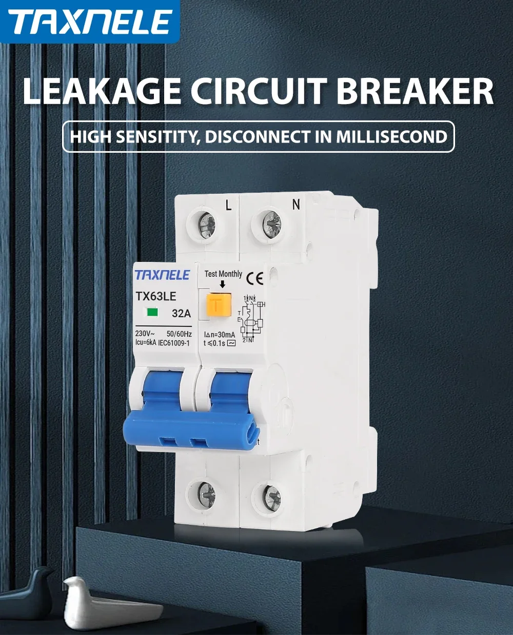 

230V Residual Current Circuit Breaker MCB 30mA Overload Short Current Leakage Protection Protect 10A 16A 20A 25A 32A 40A 63A 80A