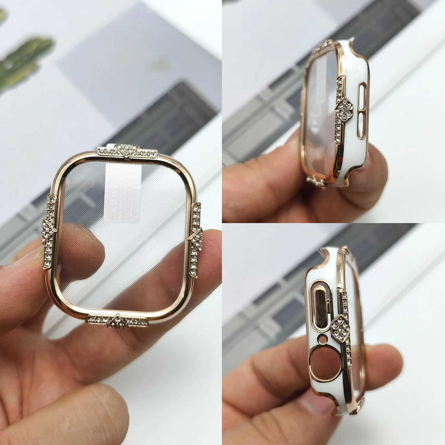 Elegant Four-Sided Diamond Inlaid PC Watch Protective Case with Shell Film