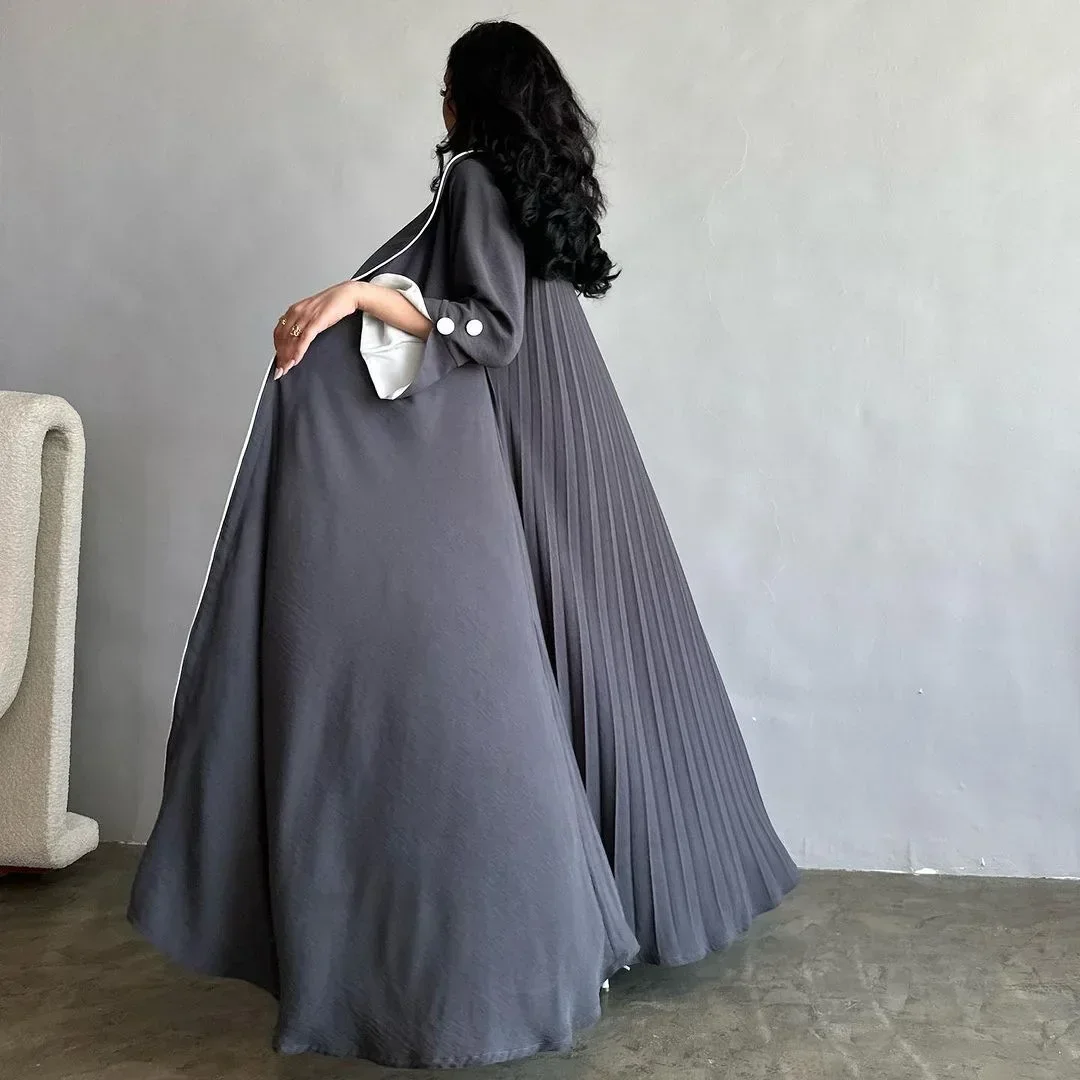 Muslim Autumn Winter Open Kimono Abaya for Women Jalabiyat Black and White Contrast Color Moroccan Turkish African Robe Dubai