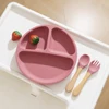 3PCS Silicone Baby Tableware Wooden Handle Fork Spoon Suction Feeding Dishes Baby Meal Tray Feeding Training Sets For Children 4