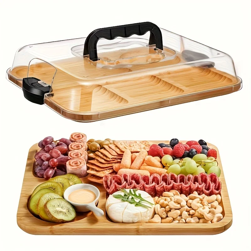 Bamboo Cheese Tray with Transparent Acrylic Lid - Portable Charcuterie Board for Camping Parties Restaurants Snack Serving Tray