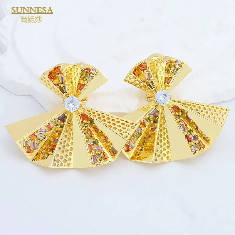 SUNNESA Italian 18k Gold Plated Earrings for Women Geometric Luxury Colorful Zircon Big African Clip Earrings Dubai Jewelry