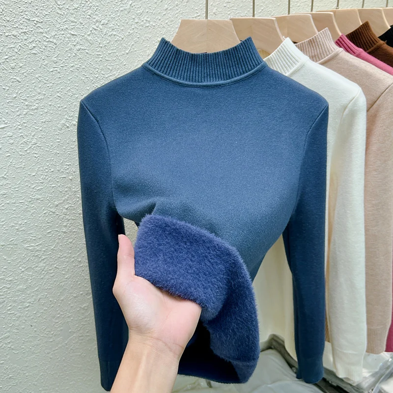 New Fashion Semi-turtleneck Women's Integrated Fleece Sweater Elegant Slim-fitting Knitwear Pullover Solid Color Bottoming Shirt