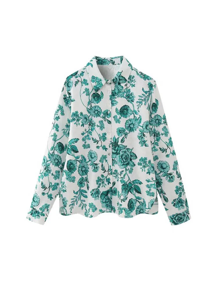 

Женская льняная блузка с цветочным принтом, отложным воротником