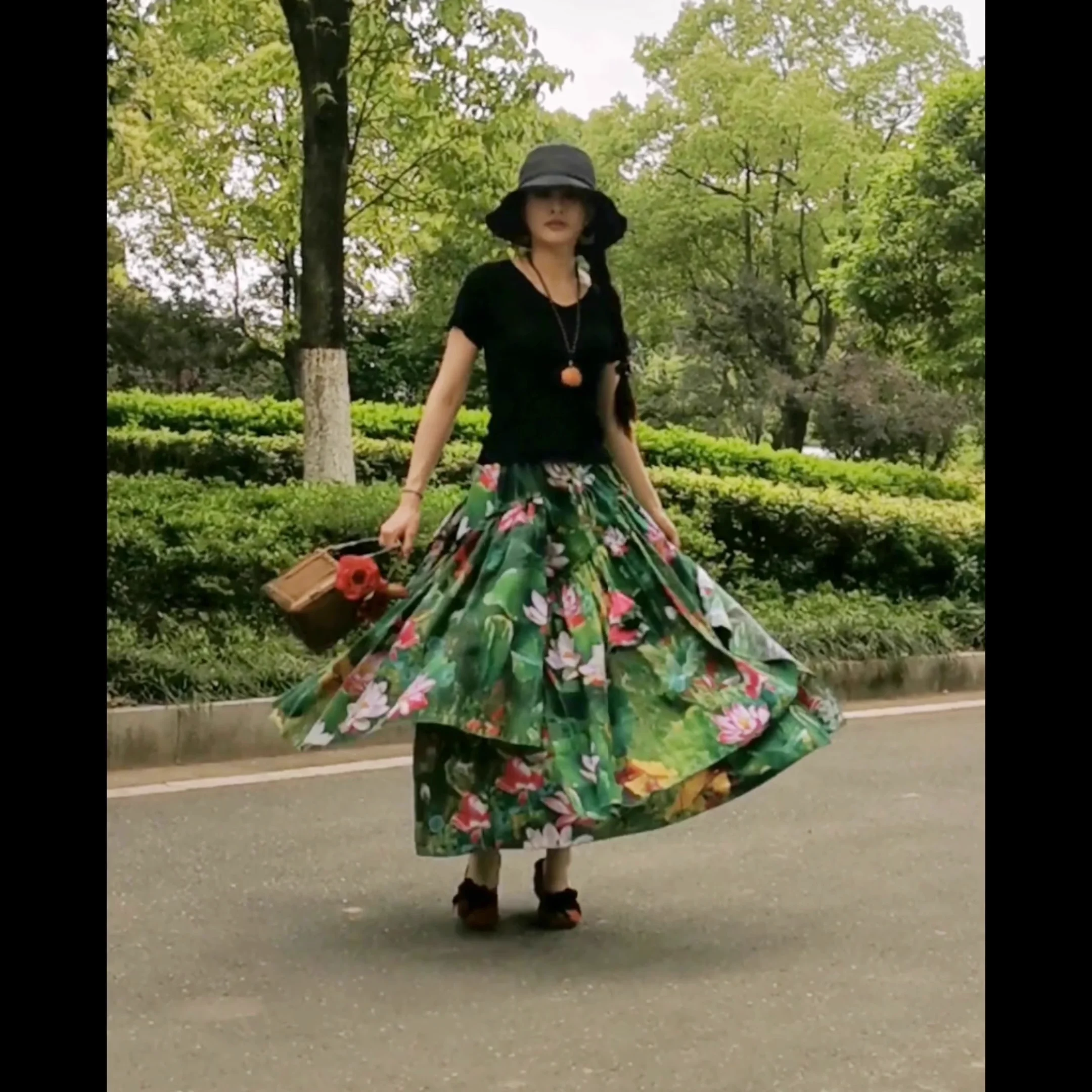 Free Shipping 2023 New Fashion Long Maxi A-line Elastic Waist Women Cotton And Linen Plus Size S-2XL Flower Print Skirts