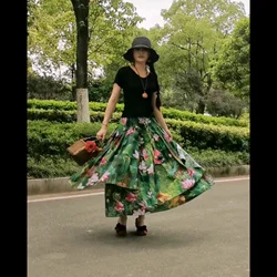 Free Shipping 2023 New Fashion Long Maxi A-line Elastic Waist Women Cotton And Linen Plus Size S-2XL Flower Print Skirts