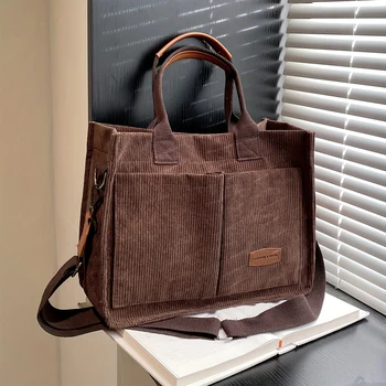 Fashionable, simple, textured, solid color, large-capacity corduroy shoulder bag, new style, versatile, popular messenger bag
