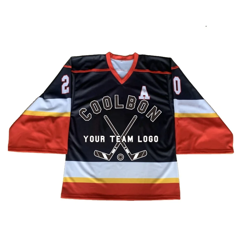 

5PCS Custom Size and Logos Men Women Youth Black Sublimated Polyester Ice Hockey Jerseys