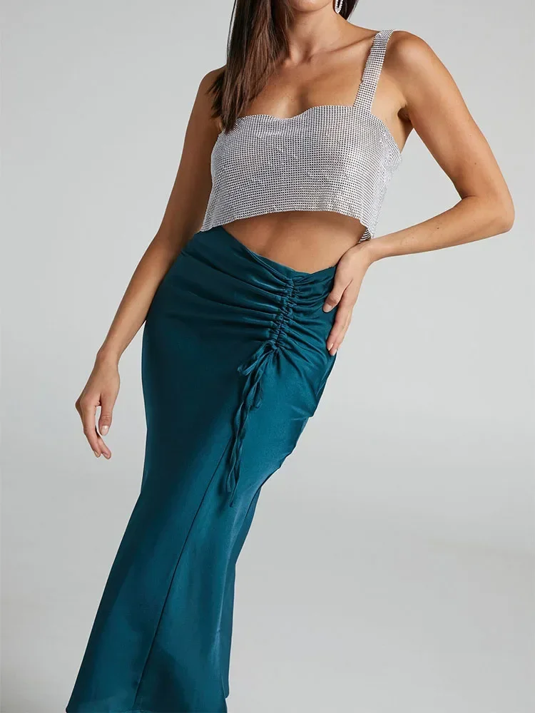 Fasciatura Moda Donna Minigonne Stringate In Raso A Vita Alta Con Coulisse Arricciata Gonna A Fessura Attillata Sexy Gonna Da Festa Rugosa H107