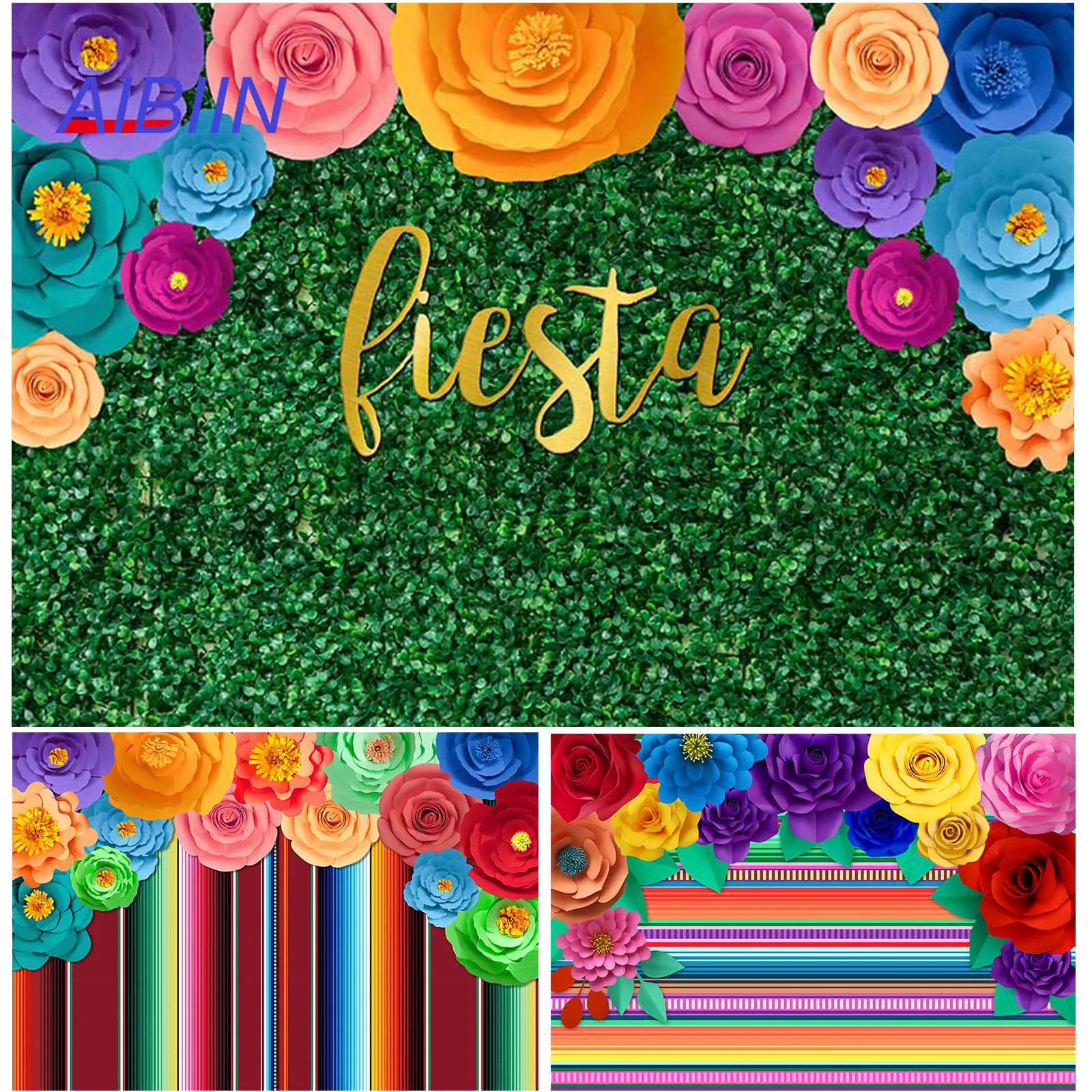 

AIBIIN Fiesta Theme Party Backdrop Mexican Colorful Floral Festival Birthday Party Decor Green Leaves Photography Background