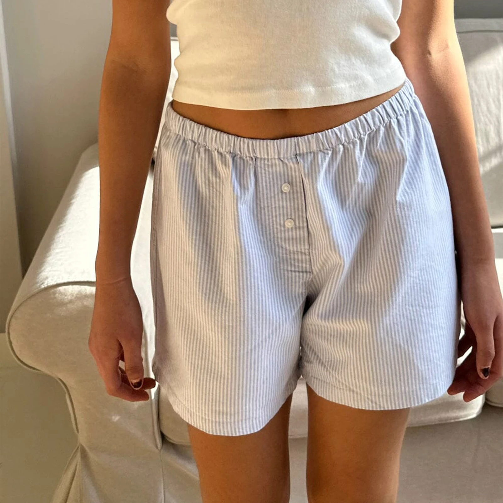 Women Striped Shorts Elastic Waist Casual Shorts Summer Loungewear Home Bottoms цена и фото