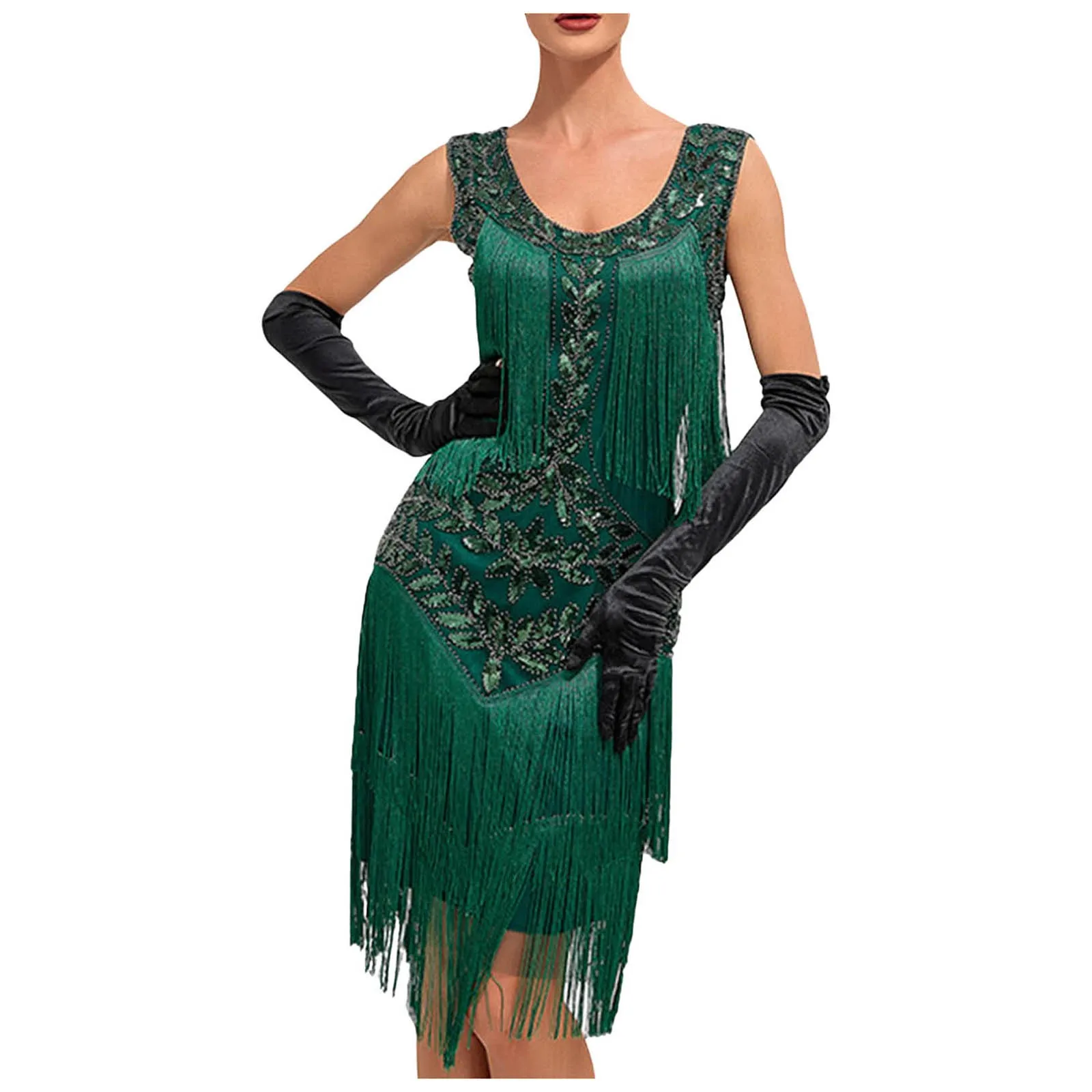 Vintage 1920s Flapper Fringed Sequins Party Dresses Women Roaring 20s Fancy Costume Elegant Beaded Sleeveless Evening Dress