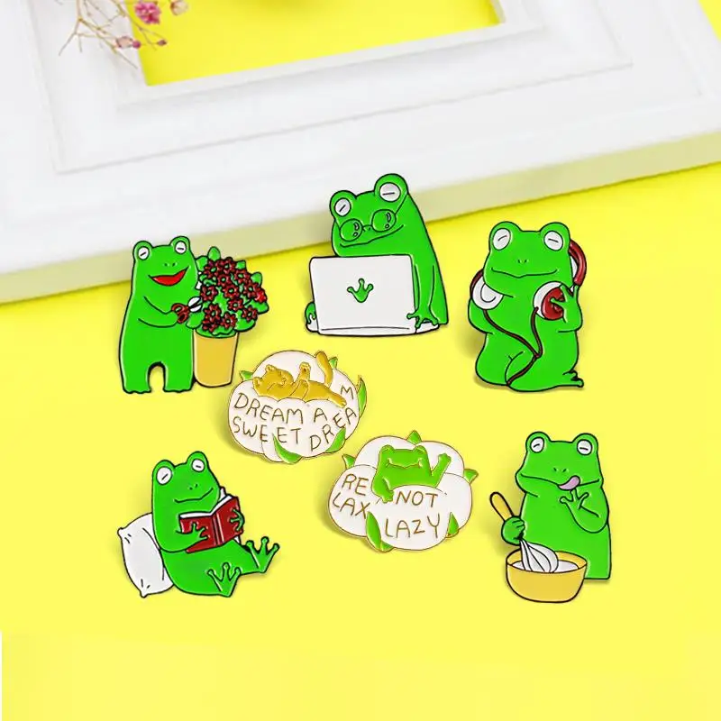 

Cartoon Frog Enamel Pins Reading Listening to music Sleeping Froggy Funny Animal Brooches Lapel Badges Jewelry For Kids Brosche