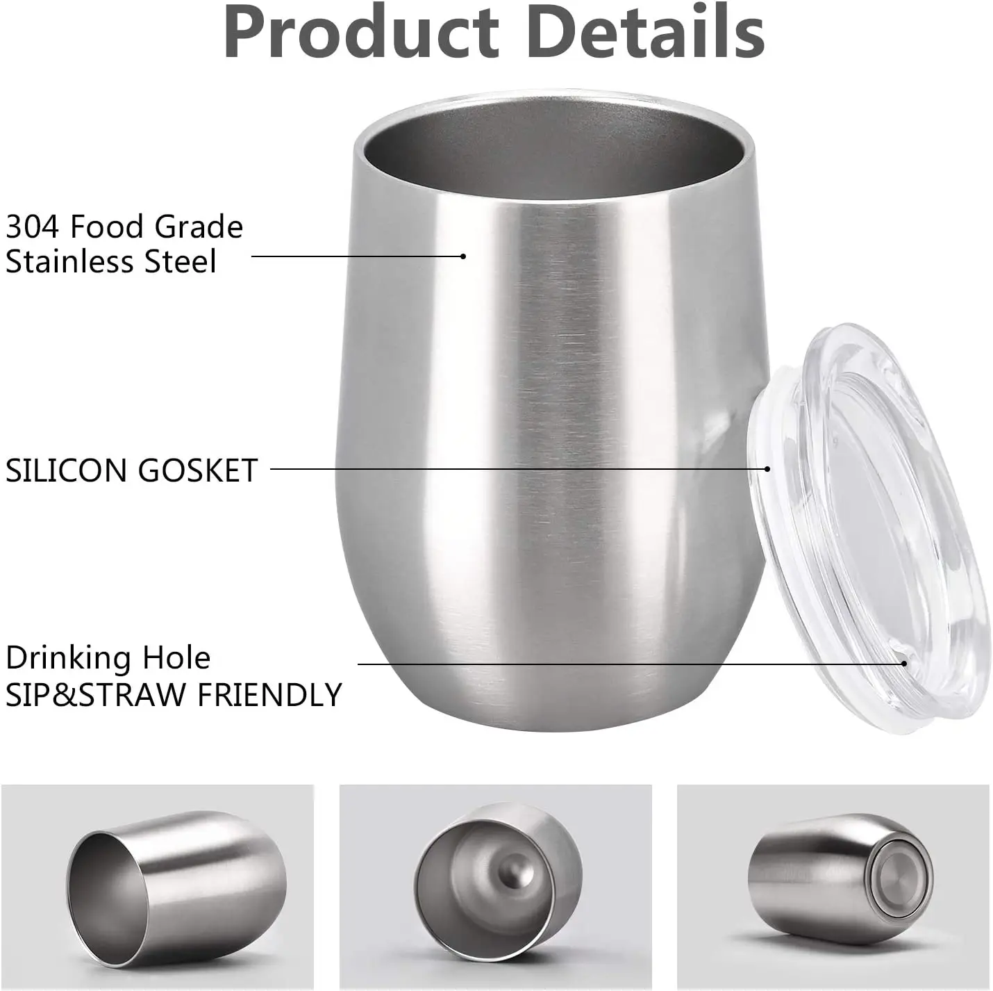 KUUJOJO Bicchiere da vino da 12 once con coperchio Bicchiere da vino senza stelo Tazza da viaggio sottovuoto a doppia parete Tazza da caffè in acciaio inossidabile