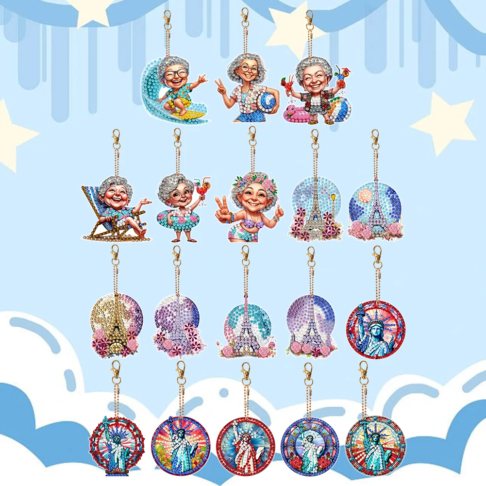 6Pcs Double Side Optimistic Old Lady Diamond Painting Keychain Rhinestone Painting Keychain Pendant for Beginners Adults