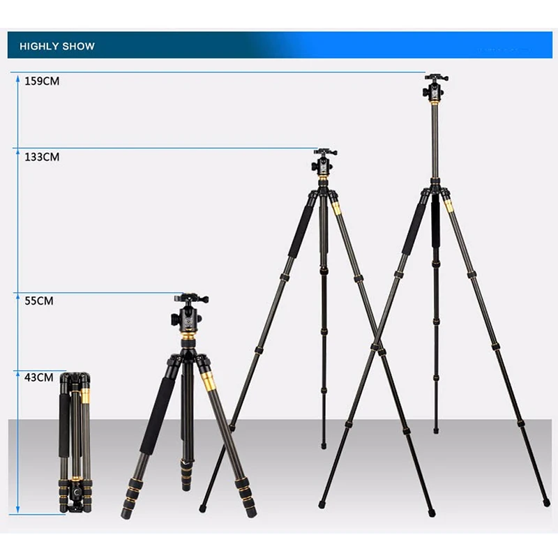 QZSD Q999C Professional Carbon Fiber Camera Tripod Monopod Extendable Travel Video Tripod with Ball Head and Quick Release Plate