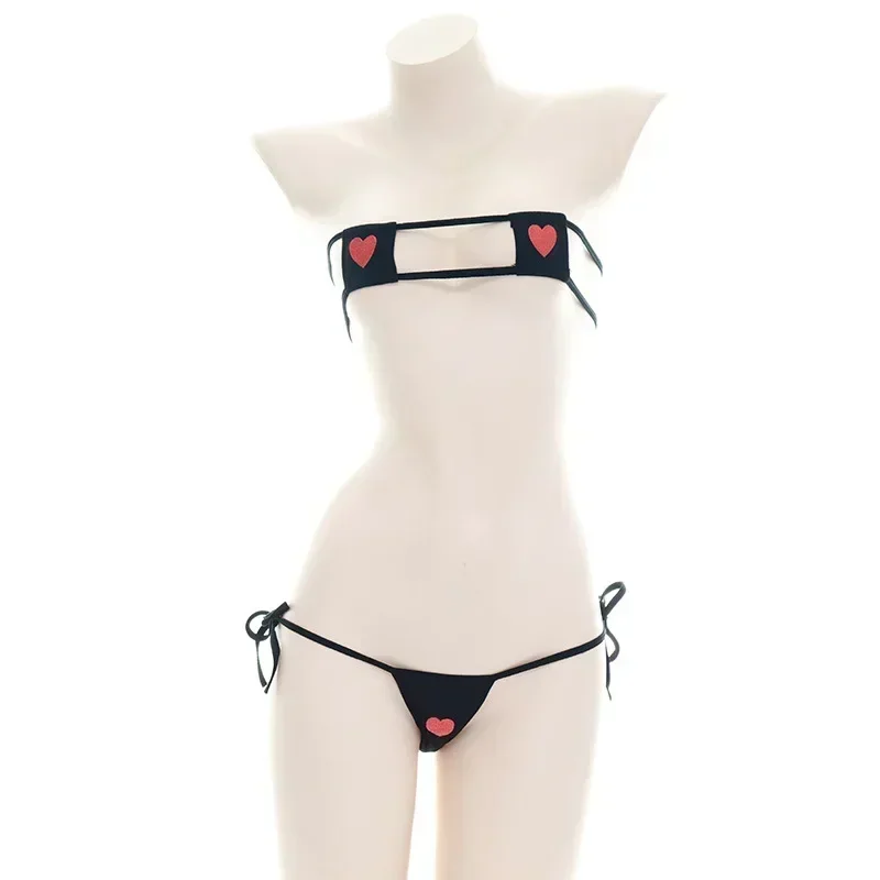 Japanese Lolita Kawaii Bra and Panty Set Women Girls Sexy Lingerie Mini Bikini Heart Bandage Anime Erotic Costume Underwear