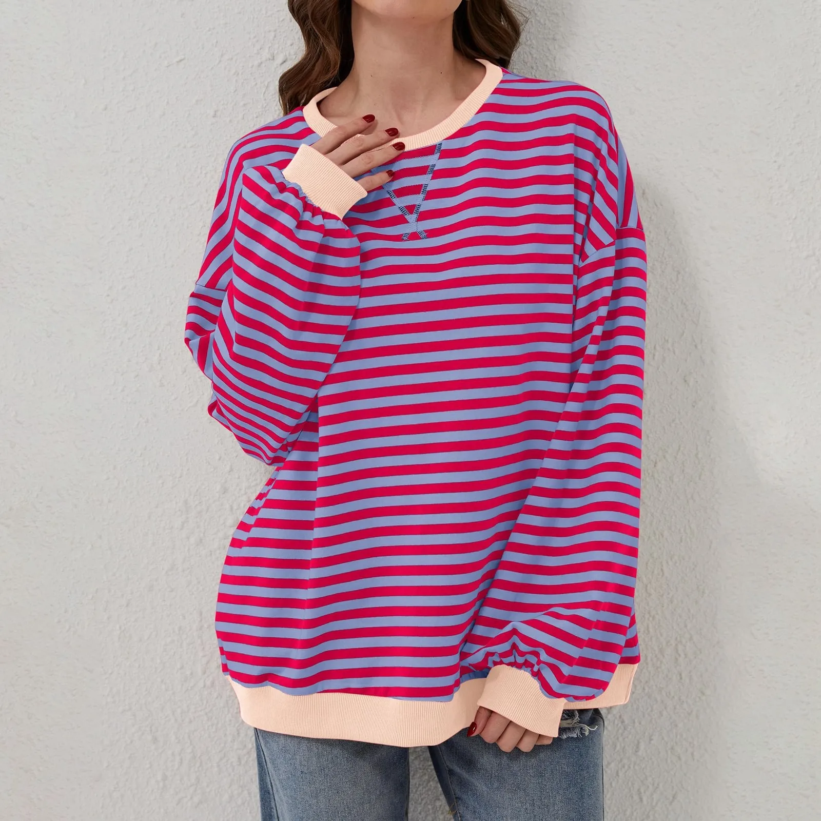 

Женский свитшот в полоску, Повседневный пуловер с длинным рукавом и круглым вырезом, худи составного кроя в стиле K-POP Y2k, новинка 2024