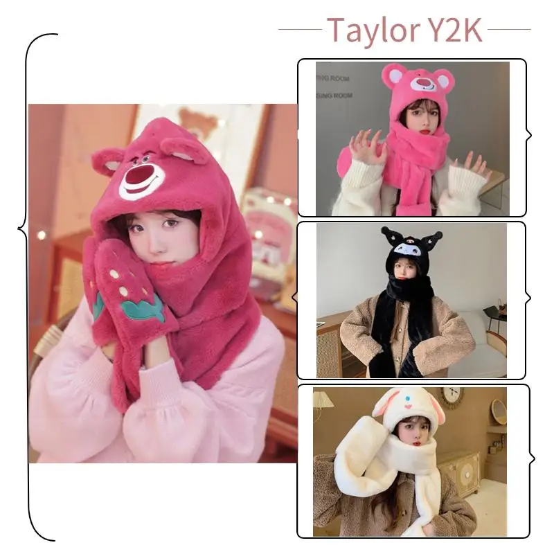 

2023 Kawaii Strawberry Bear Hat Anime Figure Little Bear Ears Plush Scarf Gloves Three Piece Set Fashion Y2K Sweet Girls Winter